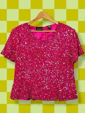 Landmark Vintage 80s Sequin Beaded Glam Sparkly Silk Short Sleeve Blouse Pink XL